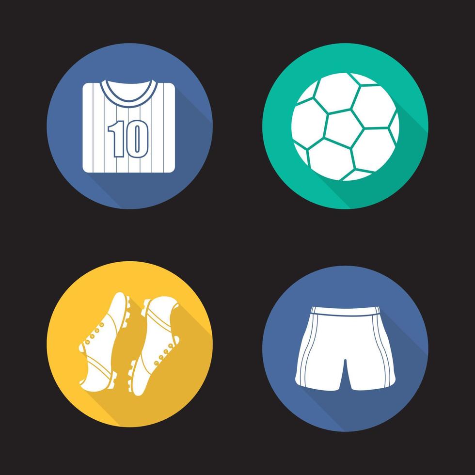 set di icone di lunga ombra di accessori per il calcio design piatto. pallone da calcio, maglia da calciatore, scarpe e pantaloncini. simboli vettoriali