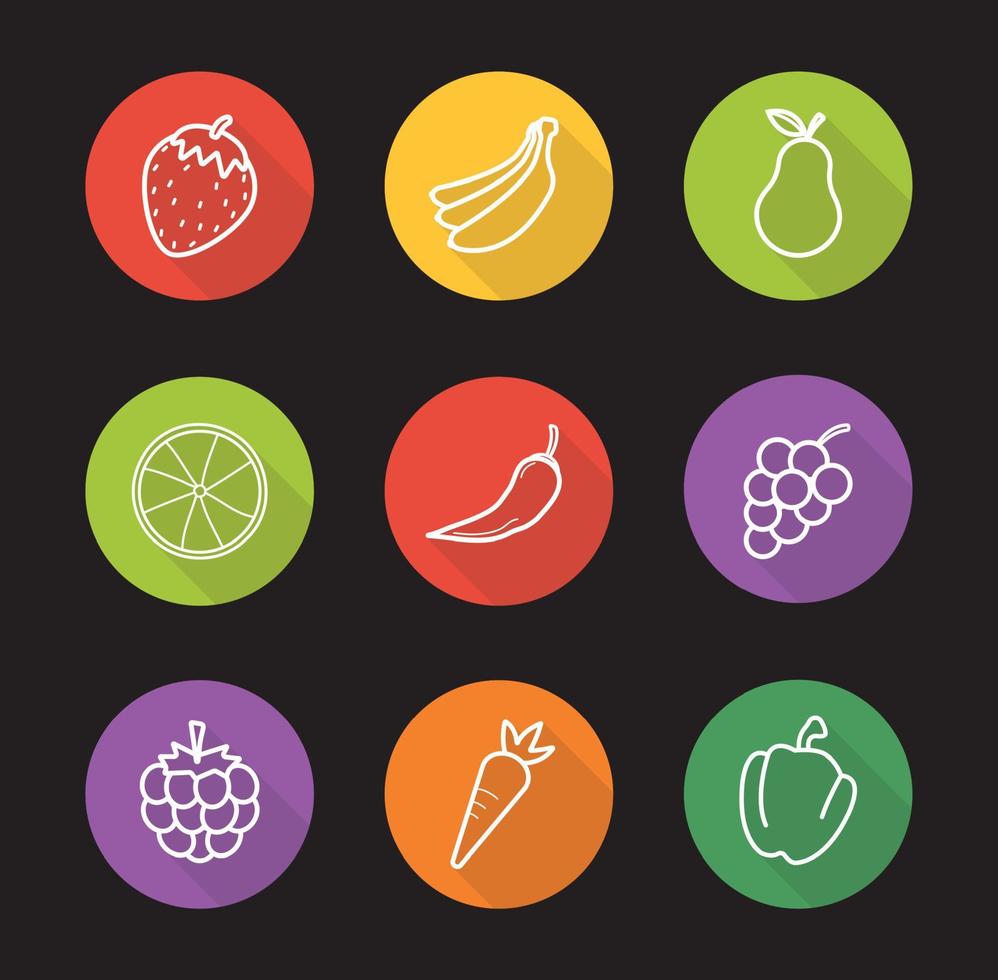 negozio di frutta e verdura set di icone piatte lineare lunga ombra. fragola, banana, pera, arancia, peperoncino, uva, lampone, carota e peperone. simboli di linea vettoriale