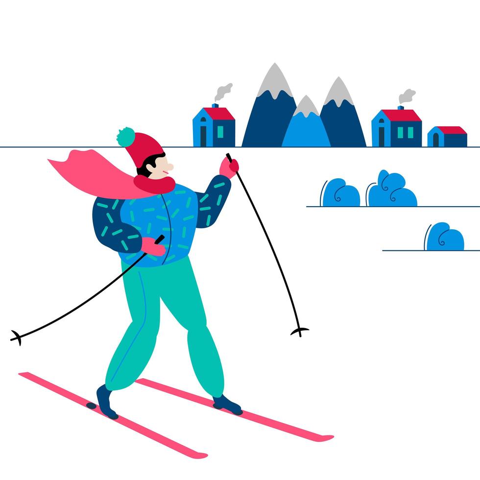 sci invernale. una persona è sciatore in montagna nel giorno d'inverno. sfondo del paesaggio resort di montagna. sci e abbigliamento sportivo caldo. uomini in abiti invernali. piatto, illustrazione di cartone animato vettoriale