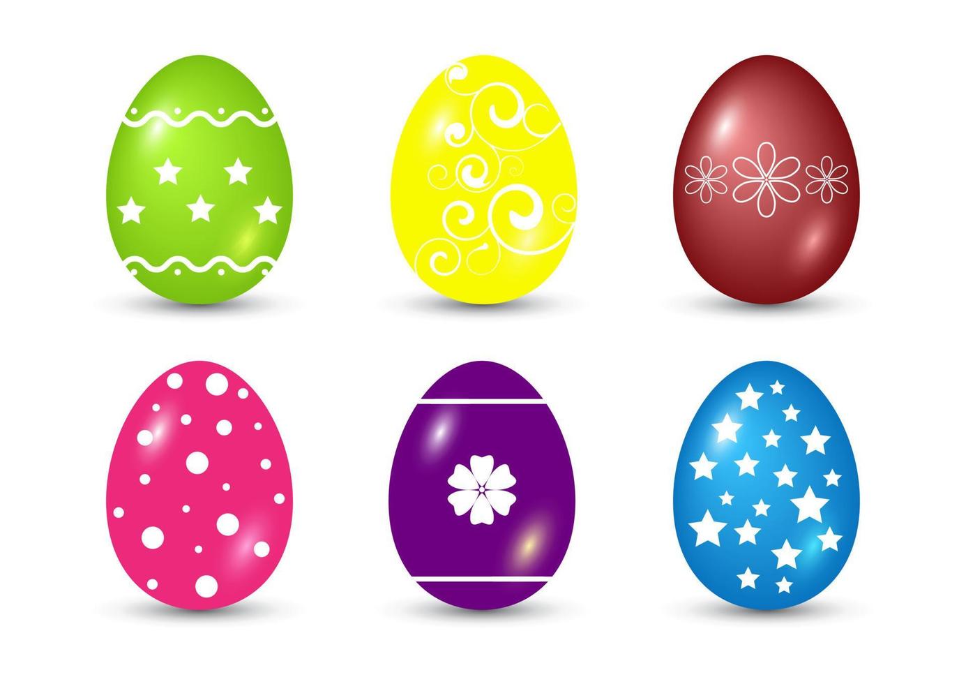 illustrazione di sei uova di Pasqua di colore diverso su uno sfondo bianco. set di sei uova colorate con motivo vettore