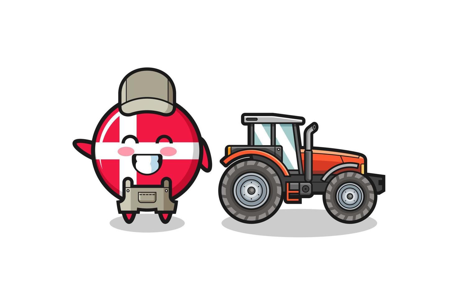 la mascotte dell'agricoltore della bandiera della Danimarca in piedi accanto a un trattore vettore