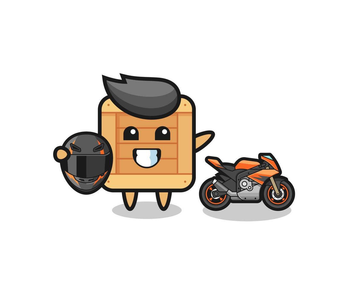 simpatico cartone animato in scatola di legno come pilota di motociclette vettore