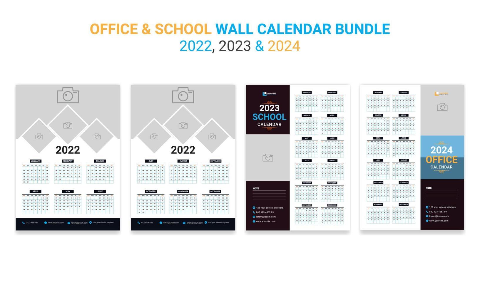 modello di bundle design del calendario da parete 2022, 2023 e 2024 vettore