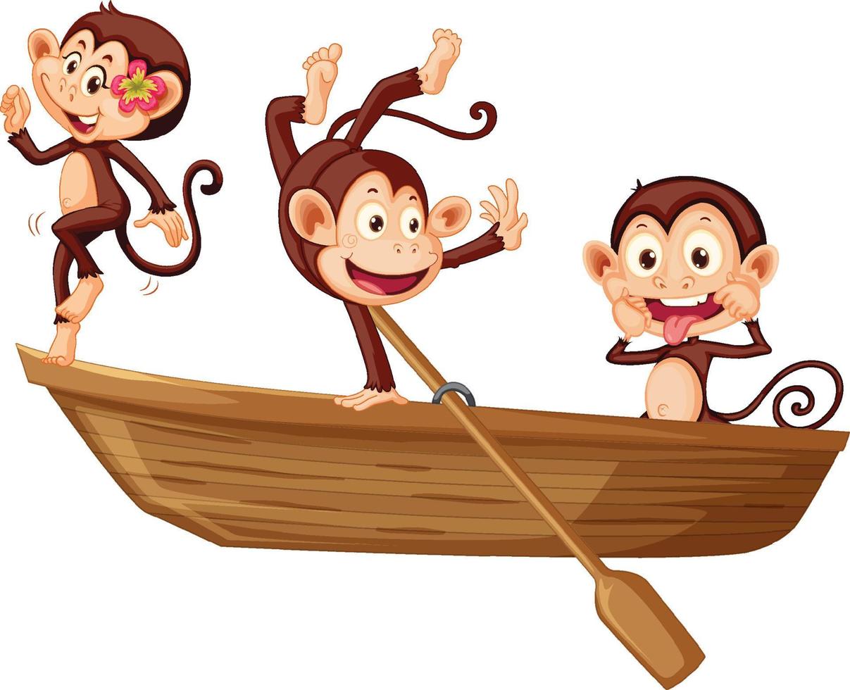 tre scimmiette su una barca di legno vettore
