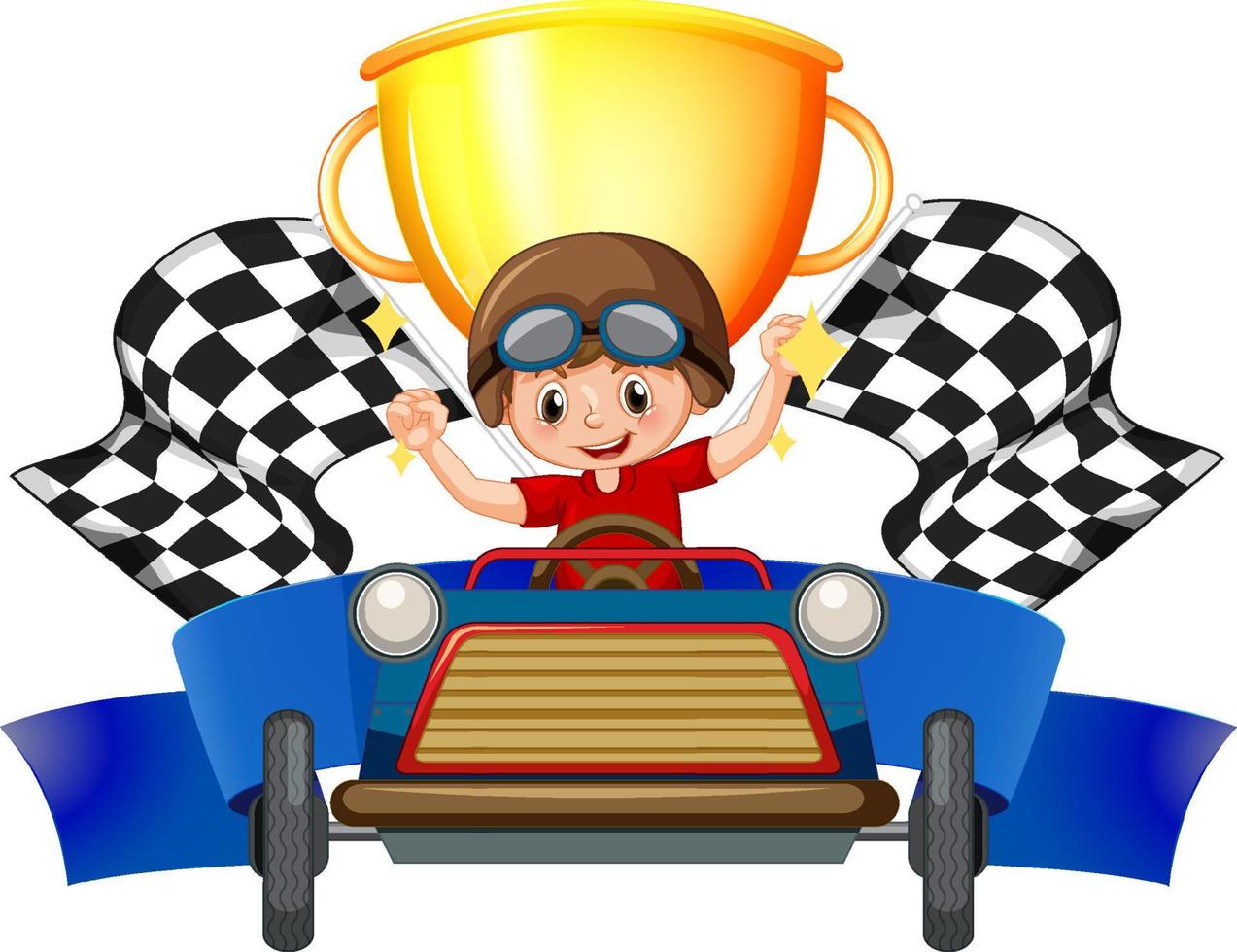 ragazzo vincitore in una macchina da corsa su sfondo trofeo vettore
