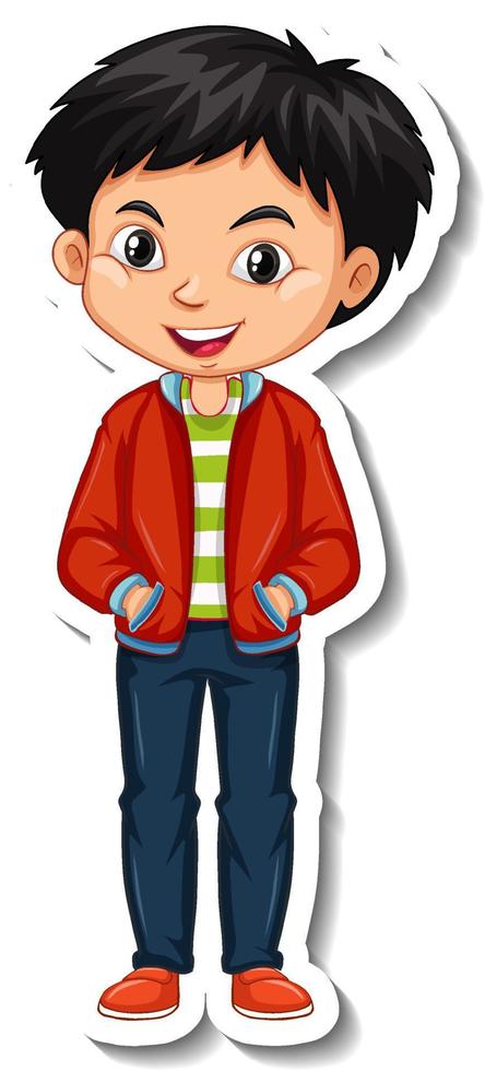 un ragazzo asiatico indossa l'adesivo del personaggio dei cartoni animati con una giacca rossa vettore