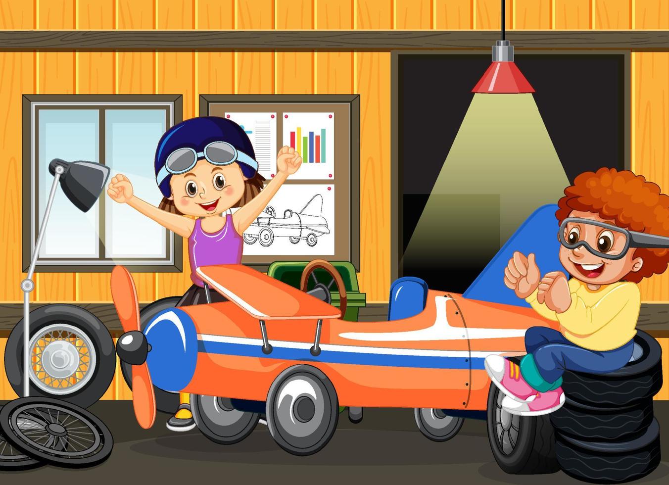 scena del garage con bambini che aggiustano un'auto insieme vettore