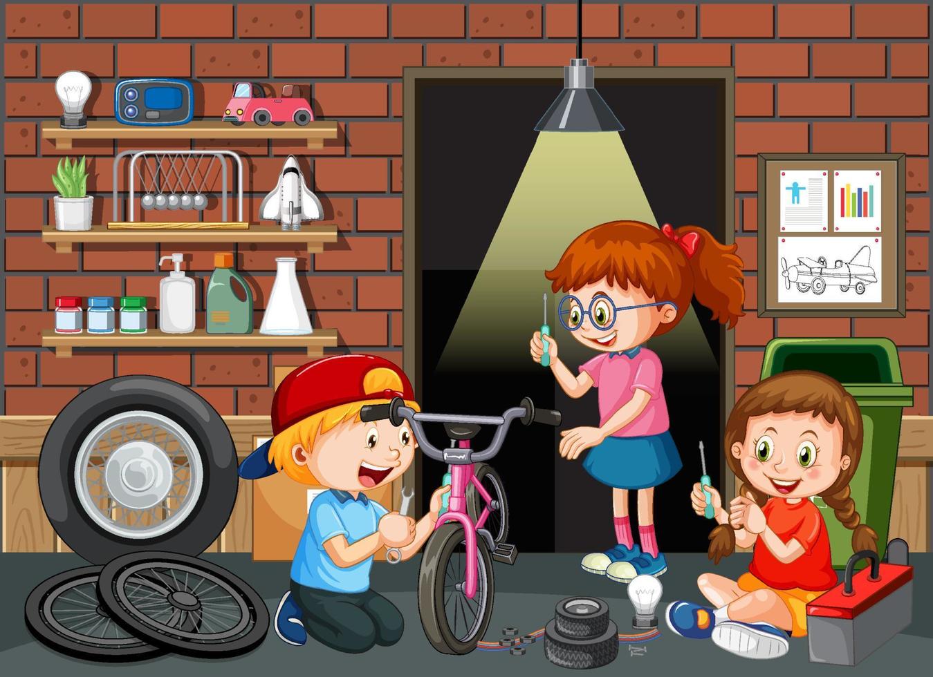 scena del garage con bambini che aggiustano una bicicletta insieme vettore