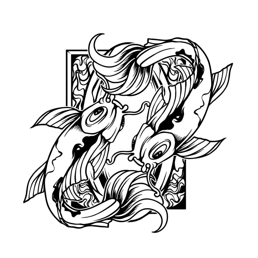 pesce koi yin yang con silhouette ornamento vettore