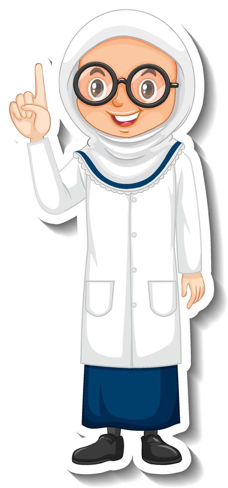 adesivo personaggio dei cartoni animati ragazza musulmana scienziato vettore