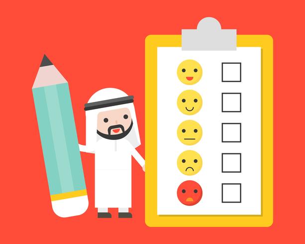 Carino uomo d&#39;affari arabo che tiene matita gigante con sondaggio feedback dei clienti vettore