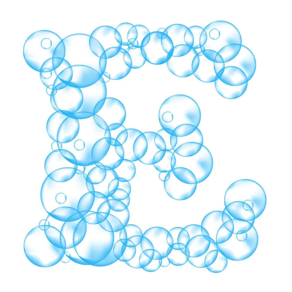 alfabeto delle bolle di sapone. acqua saponata lettera e. carattere vettoriale realistico isolato su sfondo bianco
