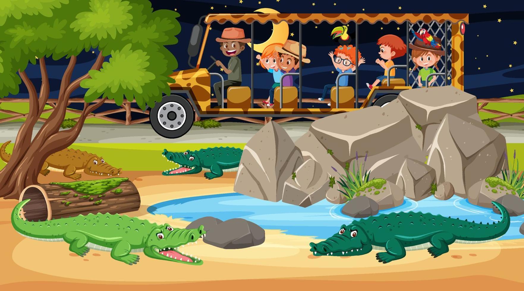 gruppo di alligatori nella scena del safari con i bambini nell'auto turistica vettore