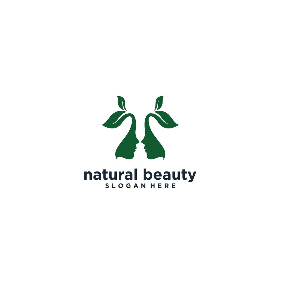 bellissimo logo naturale con l'illustrazione di due bellissimi volti femminili e foglie che riflettono la natura vettore