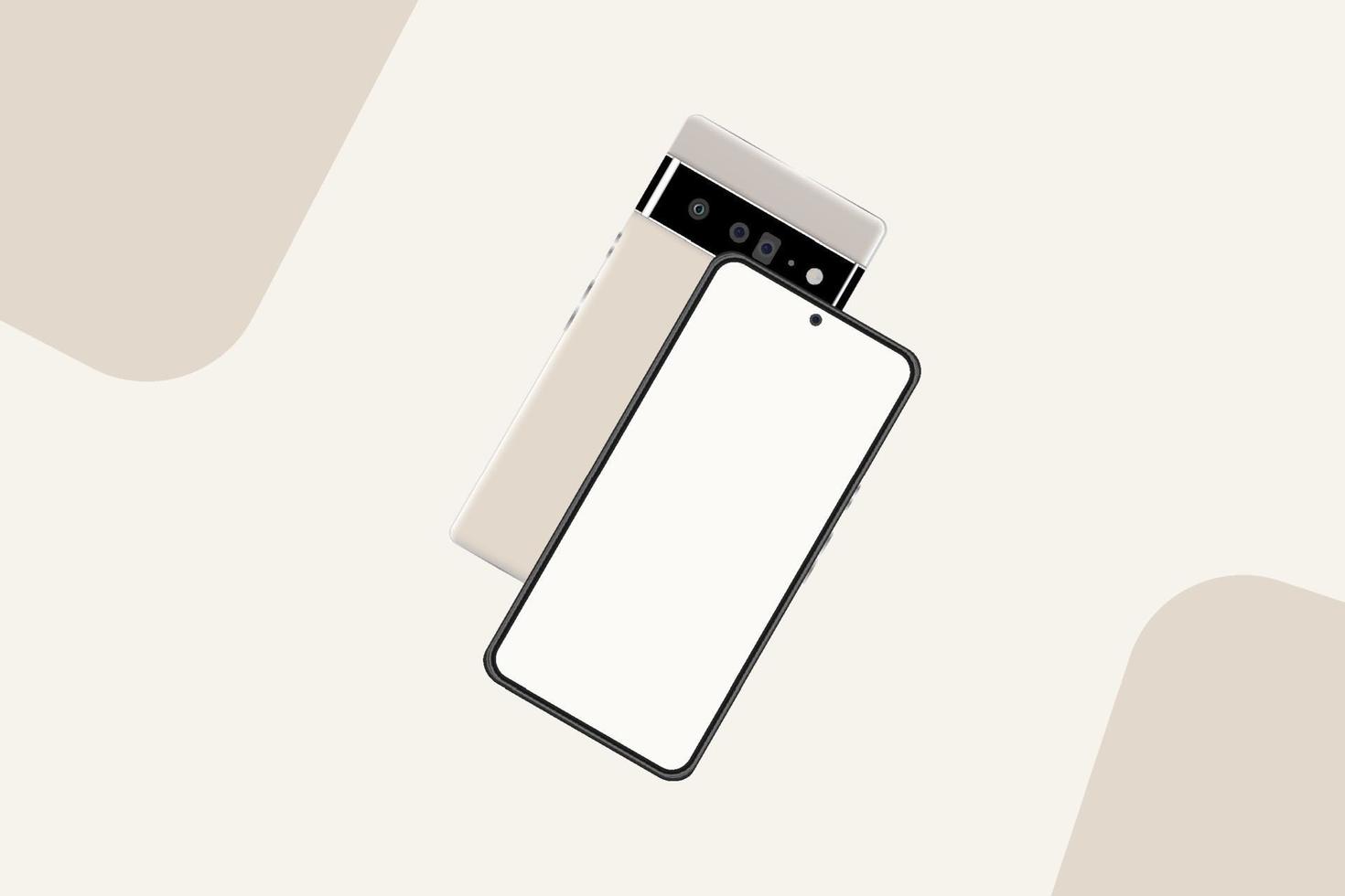 google pixel mobile vector con cornice biancastra e tripla fotocamera. retro del telefono cellulare e vista laterale anteriore con schermi vuoti per pubblicità. cellulare realistico, cornice, tripla fotocamera, cellulare.