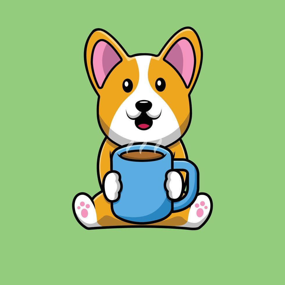 simpatico cane corgi che tiene tazza di caffè calda fumetto illustrazione icona vettoriale