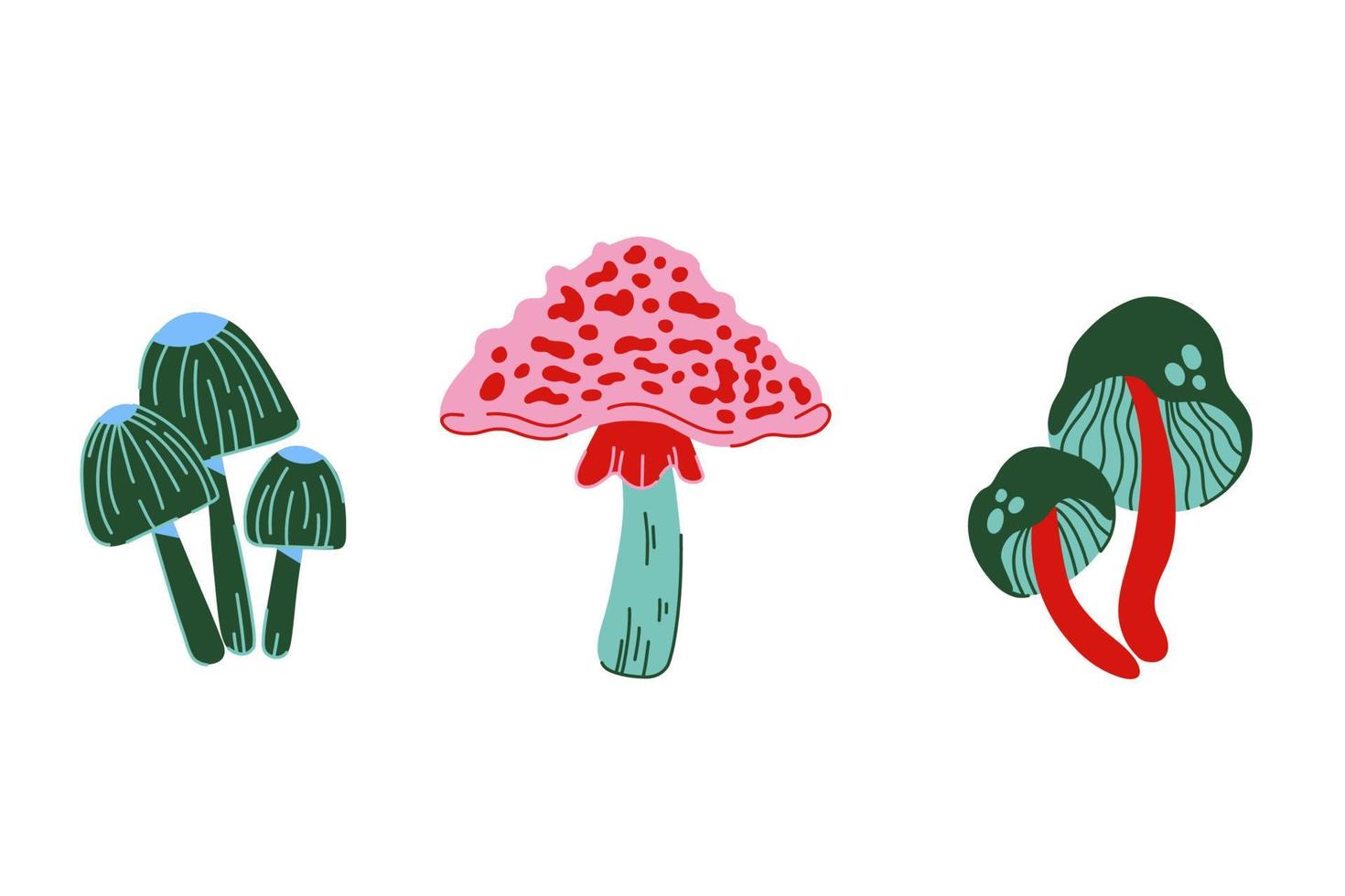 pericoloso insieme di funghi velenosi. collezione di funghi vettoriali colorati disegnati a mano in stile scarabocchio