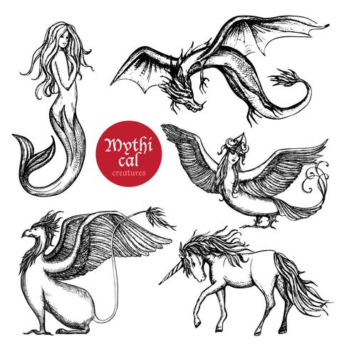 Set di schizzo disegnato a mano di creature mitiche vettore