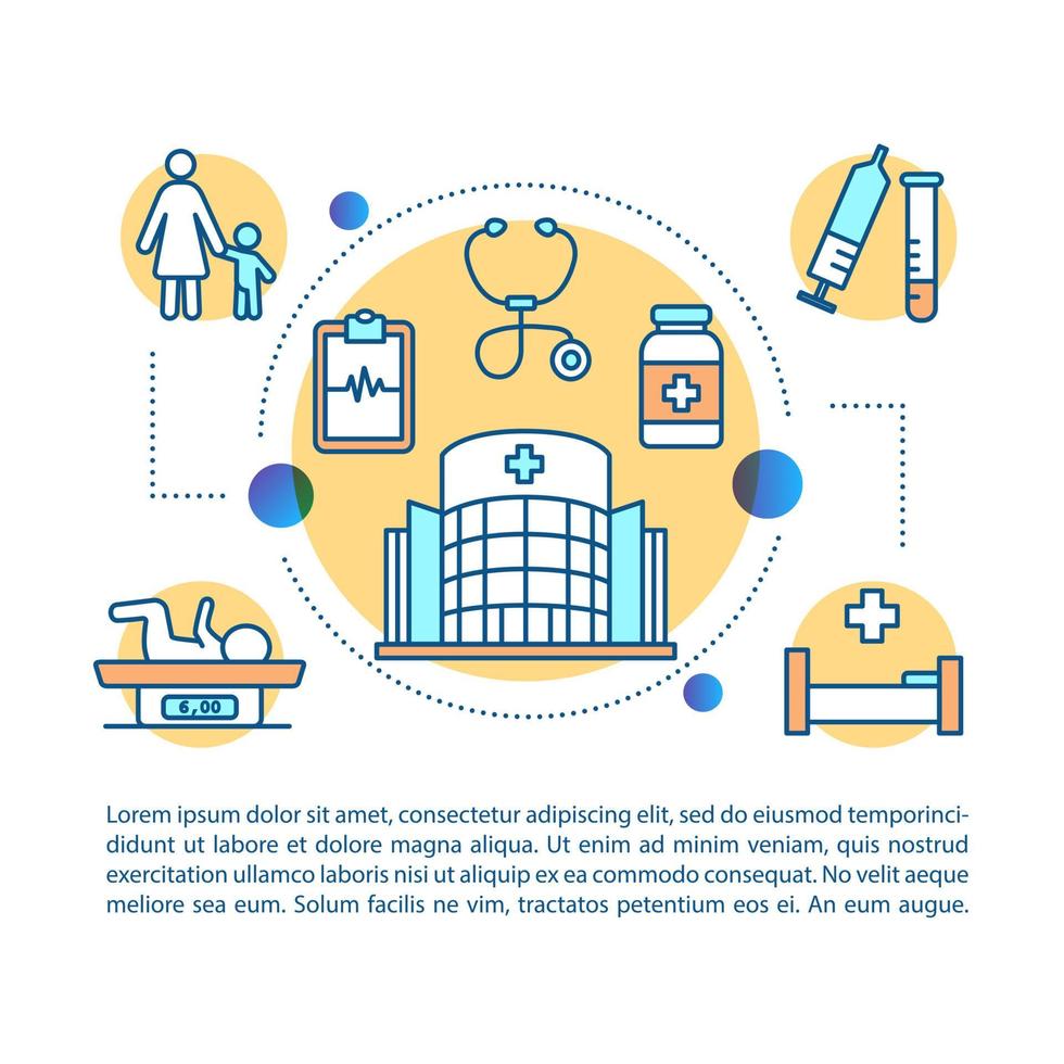 modello di vettore della pagina dell'articolo della clinica pediatrica. servizi, controllo. brochure, rivista, elemento di design opuscolo con icone lineari e caselle di testo. disegno di stampa. illustrazioni concettuali con spazio di testo