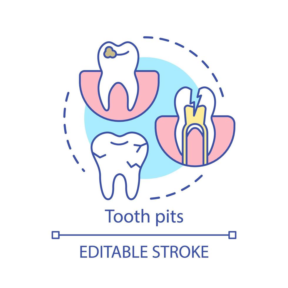 dente fosse icona del concetto. distruzione dello smalto, carie. malattie dentali generali. problemi orali. carie e cavità idea illustrazione al tratto sottile. disegno vettoriale isolato profilo. tratto modificabile