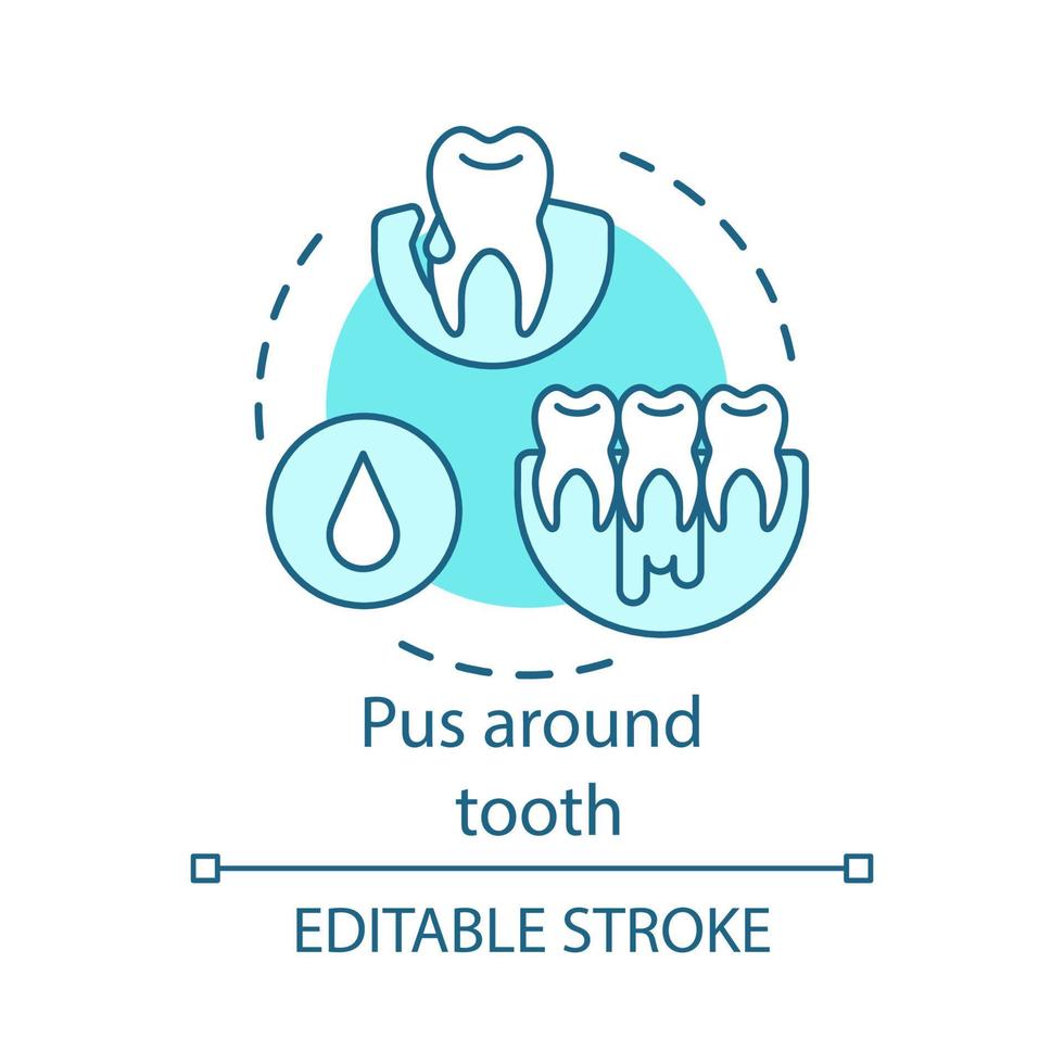 pus intorno all'icona del concetto di dente. malattia orale. lesione infettiva della bocca. batteri che invadono la gomma. mascella con illustrazione al tratto sottile idea gumboil. disegno vettoriale isolato profilo. tratto modificabile