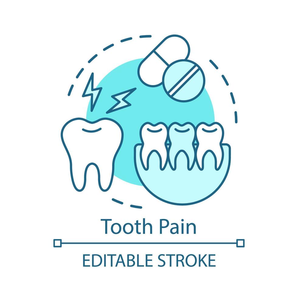 icona del concetto di dolore ai denti. dente fa male, antidolorifici, frammento di mascella. prendendo analgesici. mal di denti e pillole idea illustrazione al tratto sottile. disegno vettoriale isolato profilo. tratto modificabile