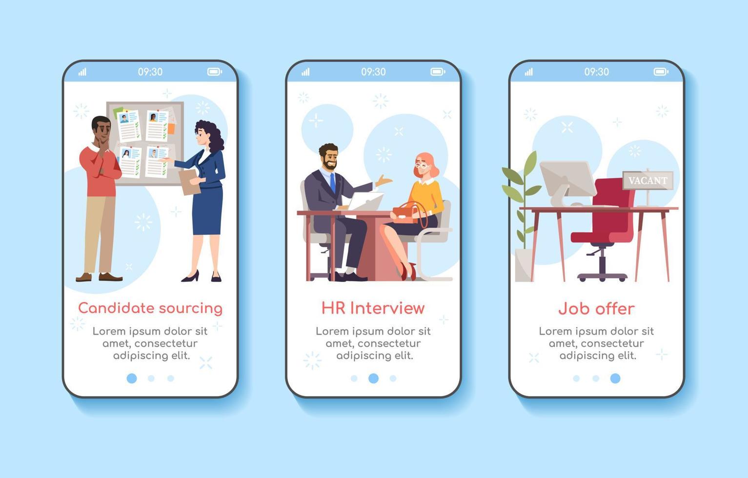 modello di vettore dello schermo dell'app mobile onboarding del servizio di occupazione. ricerca di candidati, colloquio con le risorse umane, offerta di lavoro. passaggi del sito Web di procedura dettagliata con caratteri piatti. ux, ui, gui interfaccia del fumetto dello smartphone