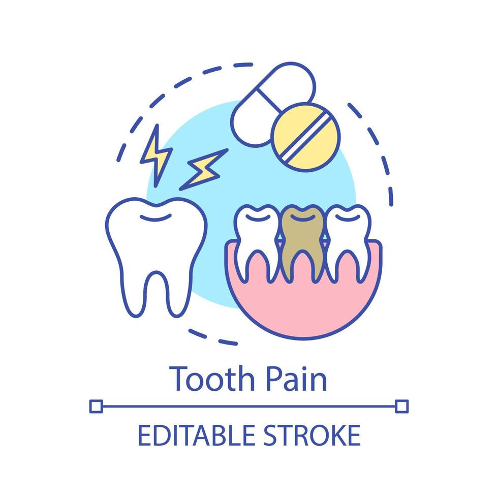 icona del concetto di dolore ai denti. dente fa male, antidolorifici, frammento di mascella. prendendo analgesici. mal di denti e pillole idea illustrazione al tratto sottile. disegno vettoriale isolato profilo. tratto modificabile