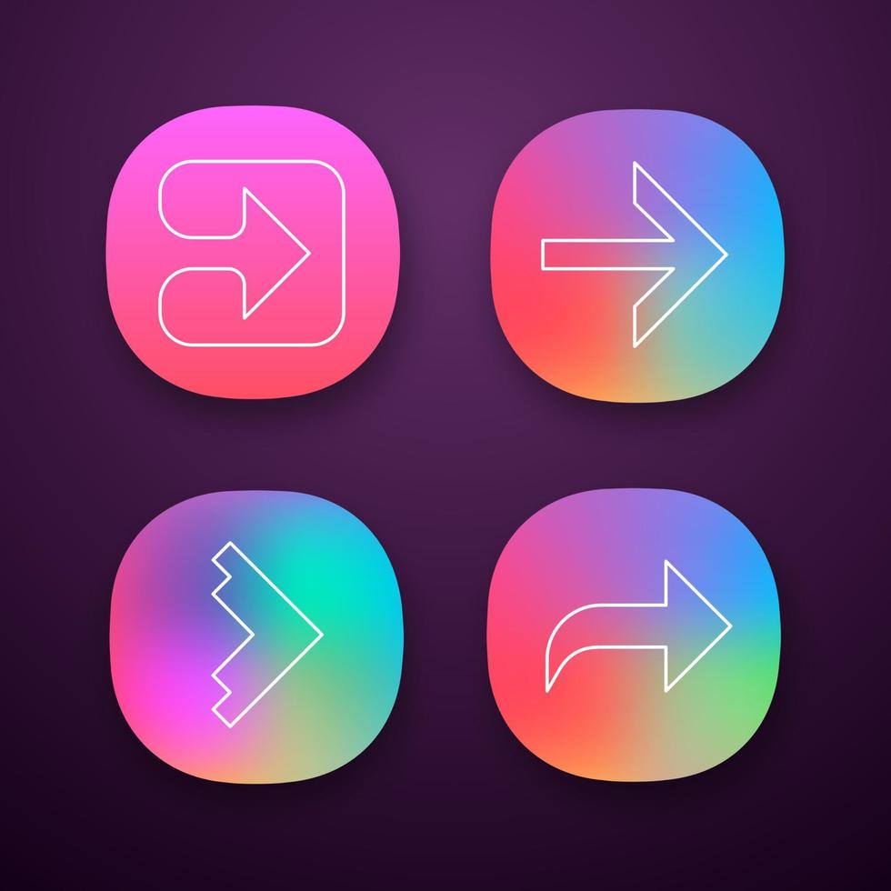 tipi di frecce app icone impostate. frecce avanti, destra, curve e geometriche. indicizzatore di movimento, indicatore. freccia successiva. interfaccia utente ui ux. applicazioni web o mobili. illustrazioni vettoriali isolate