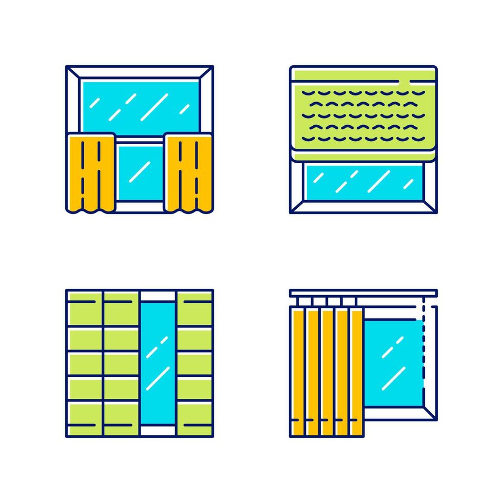 set di icone di colore della decorazione della finestra. tende da bar, tende verticali, tende in legno intrecciato, pannelli shoji. decorazione della casa e dell'ufficio. progettazione degli interni del negozio. illustrazioni vettoriali isolate