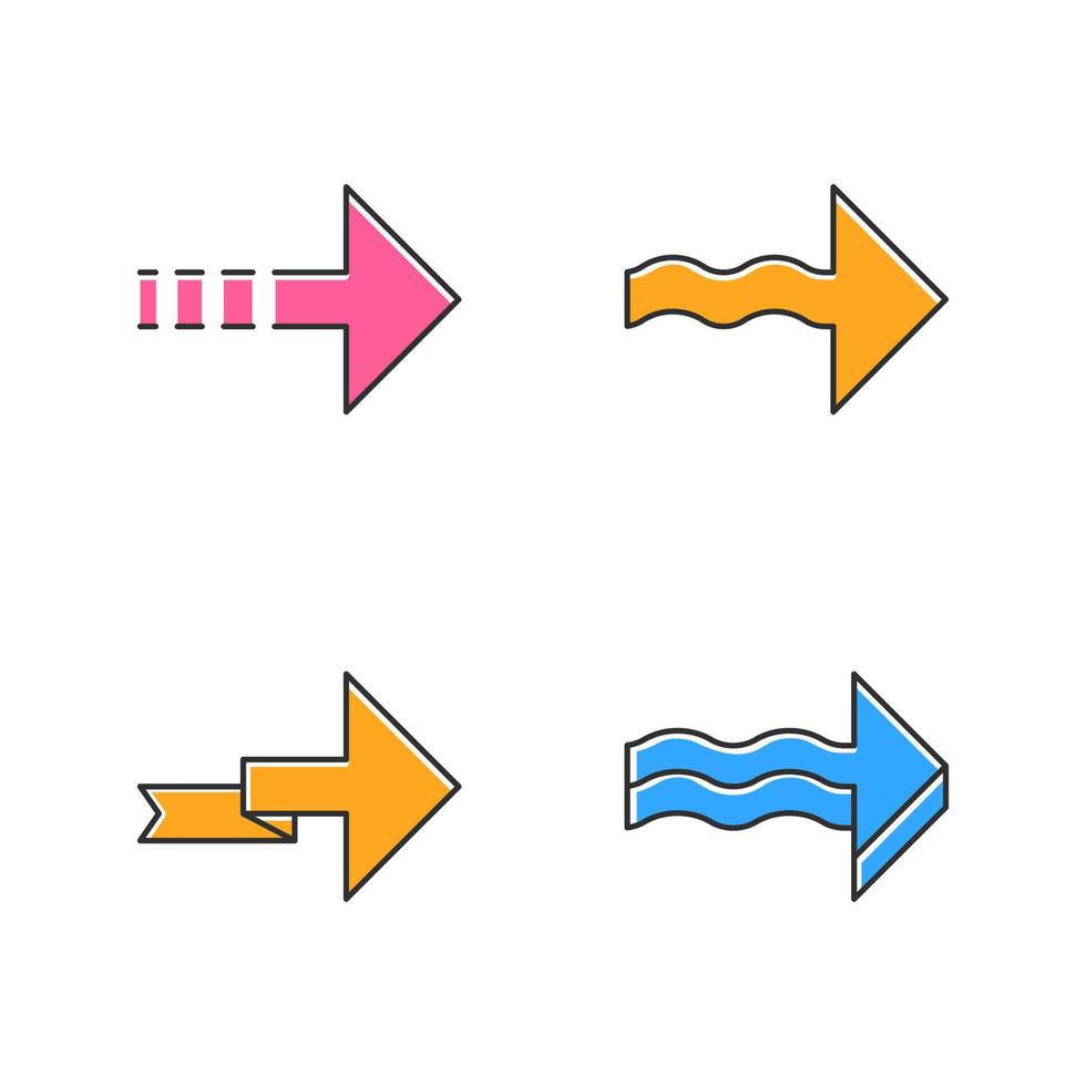 frecce in avanti set di icone di colore. frecce punteggiate, ondulate, piegate in avanti, in avanti. direzione verso destra. indicando la punta della freccia. simbolo di navigazione. segno di puntamento. movimento. illustrazioni vettoriali isolate