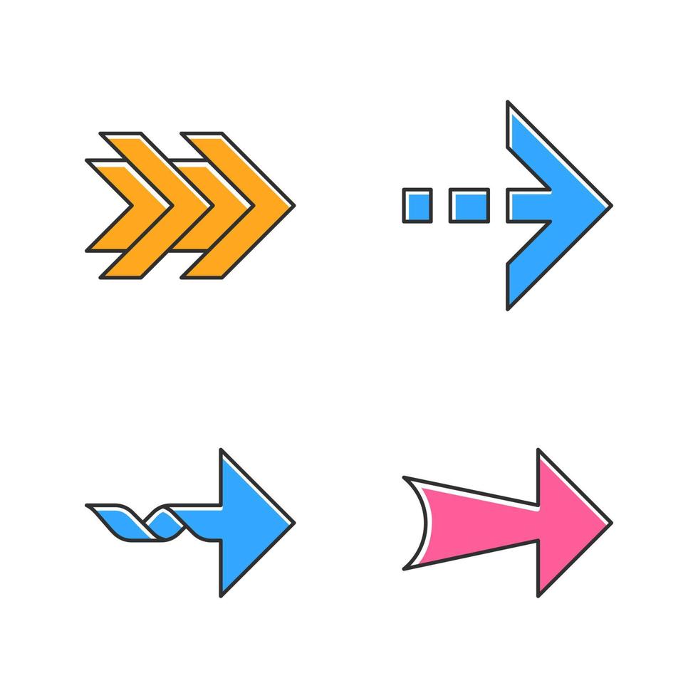 frecce di colore set di icone. frecce successive doppie, tratteggiate, attorcigliate, larghe. punta di freccia che mostra la giusta direzione. simbolo di puntamento. puntatore, indicatore. movimento di direzione. illustrazioni vettoriali isolate