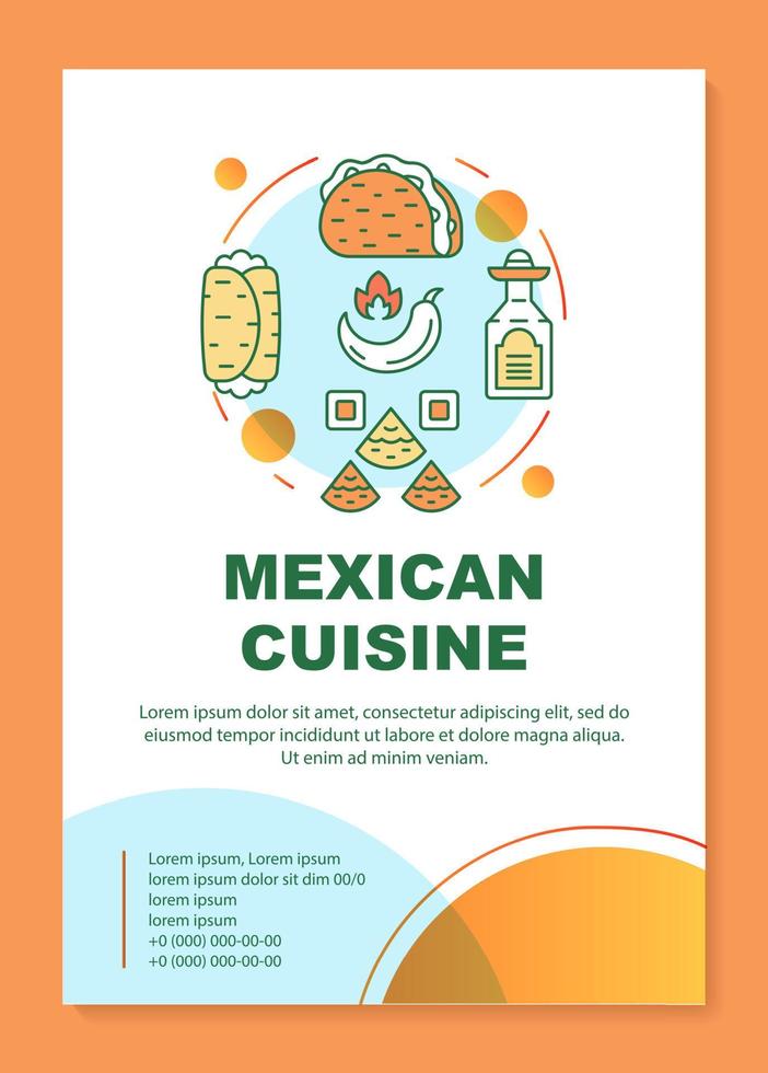 layout del modello di brochure di cucina messicana. Messico cibo tradizionale volantino, opuscolo, stampa di volantini con illustrazioni lineari. layout di pagine vettoriali per riviste, relazioni annuali, manifesti pubblicitari