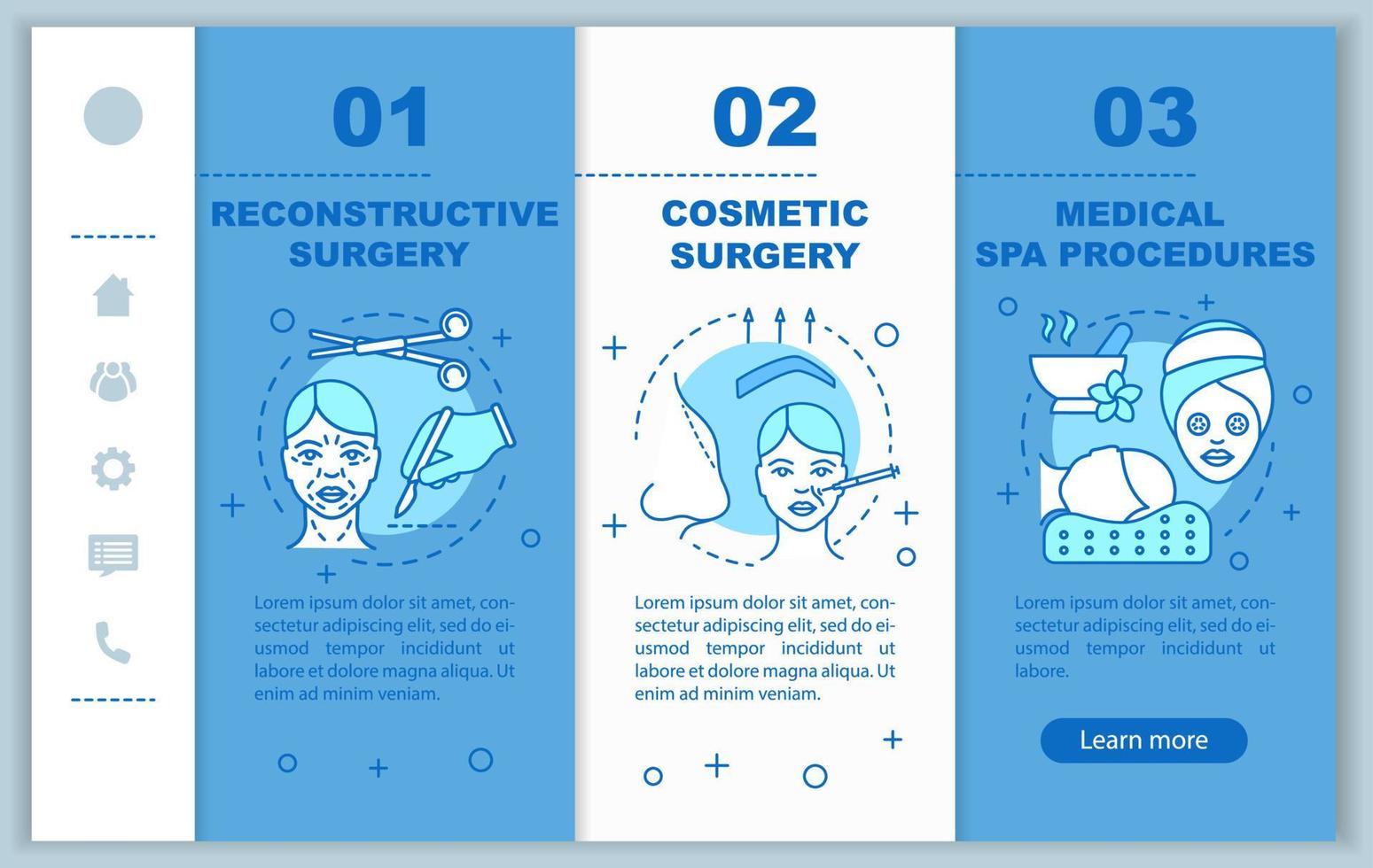 modello di vettore di pagine Web mobili di onboarding di chirurgia plastica estetica. idea di interfaccia del sito Web per smartphone reattivo con illustrazioni lineari. schermate dei passaggi della procedura dettagliata della pagina Web. concetto di colore