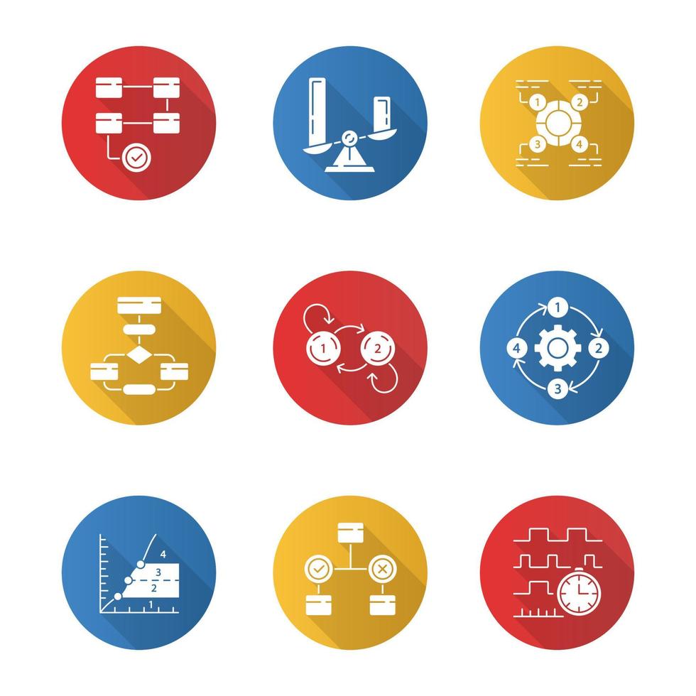 concetti del diagramma set di icone del glifo lunga ombra design piatto. dati statistici e flusso di processo. rappresentazione simbolica dell'informazione. confronti tra categorie discrete. illustrazione vettoriale silhouette