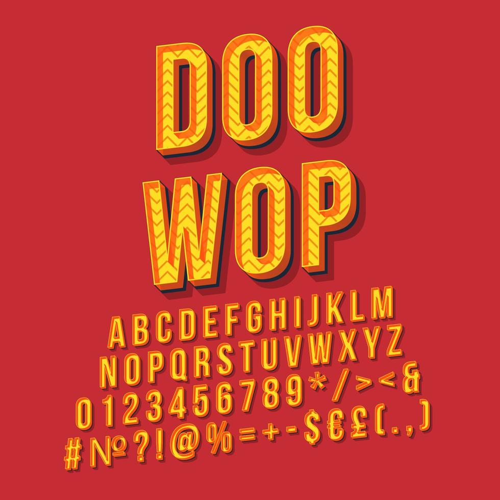 doo wop iscrizione vettoriale 3d vintage. carattere grassetto retrò, carattere tipografico. testo stilizzato pop art. lettere in stile vecchia scuola, numeri, simboli, pacchetto di elementi. Anni '90, poster anni '80, banner. sfondo color cremisi