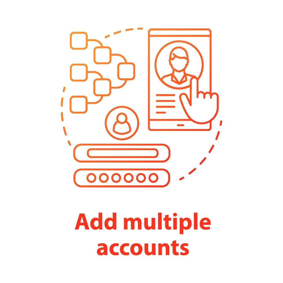 aggiungi più account icona rossa del concetto. registra la nuova illustrazione della linea sottile dell'idea del profilo utente. registrazione alla pagina web. autorizzazione social network, abbonamento app. disegno vettoriale isolato contorno