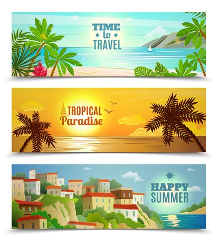 Set di banner di vacanza paradiso tropicale di agenzia di viaggi vettore