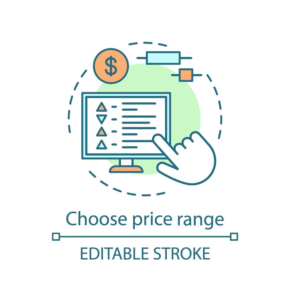 scegli l'icona del concetto di fascia di prezzo. commercio online. opzioni di ricerca avanzate. pianificazione del budget di viaggio. illustrazione di linea sottile idea prenotazione alberghiera. disegno vettoriale isolato profilo. tratto modificabile