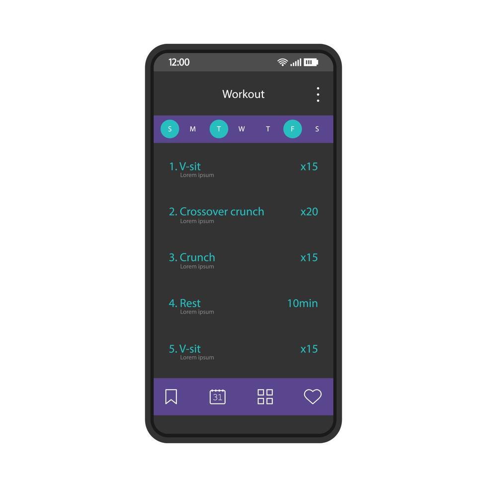 modello di vettore di interfaccia smartphone app di allenamento. layout di progettazione nera della pagina dell'applicazione fitness mobile. schermata del tracker sportivo. tipi di esercizi fisici. interfaccia utente piatta personal trainer. display del telefono