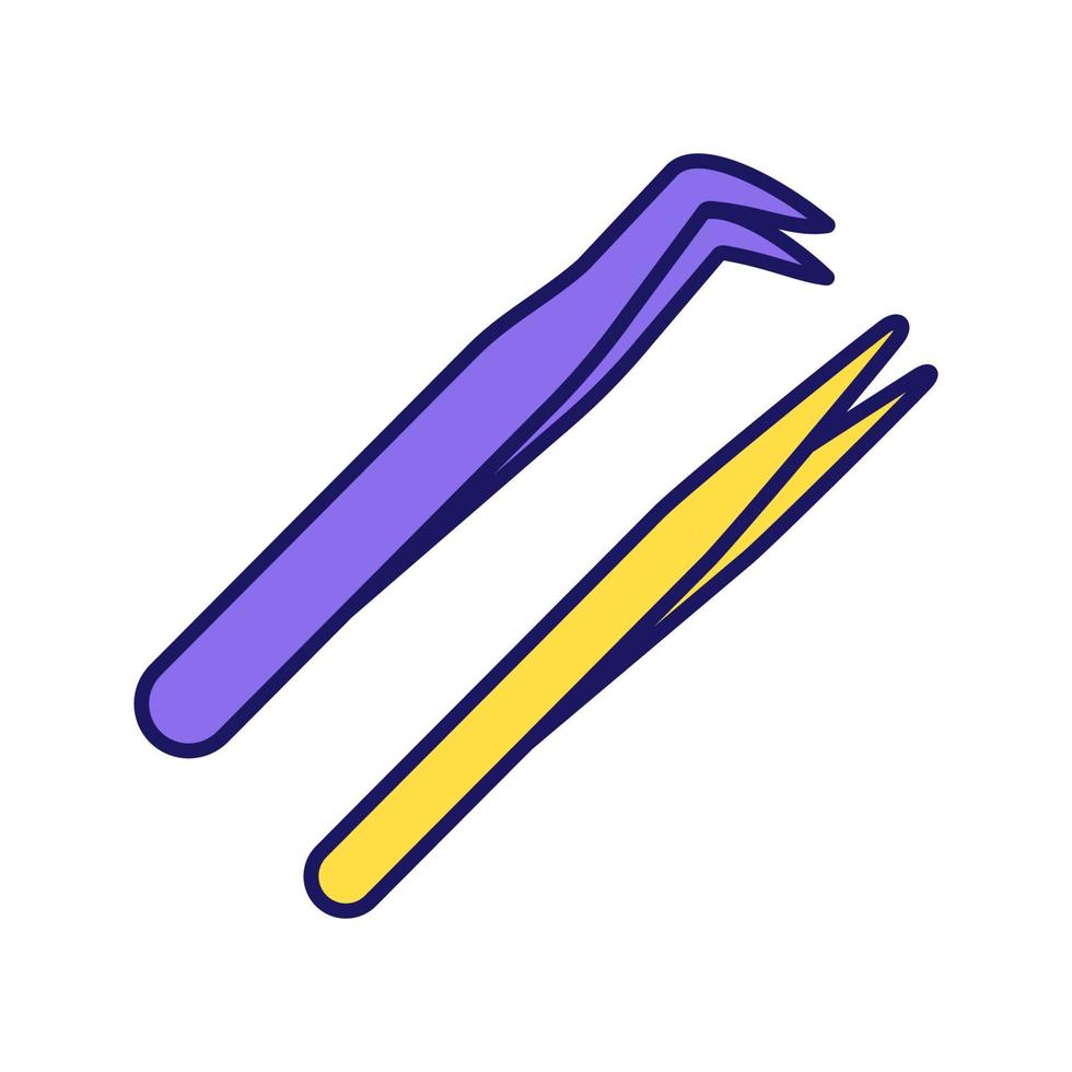 icona del colore delle pinzette per extension ciglia. pinzette a punta dritta e curva. strumento di depilazione. illustrazione vettoriale isolato