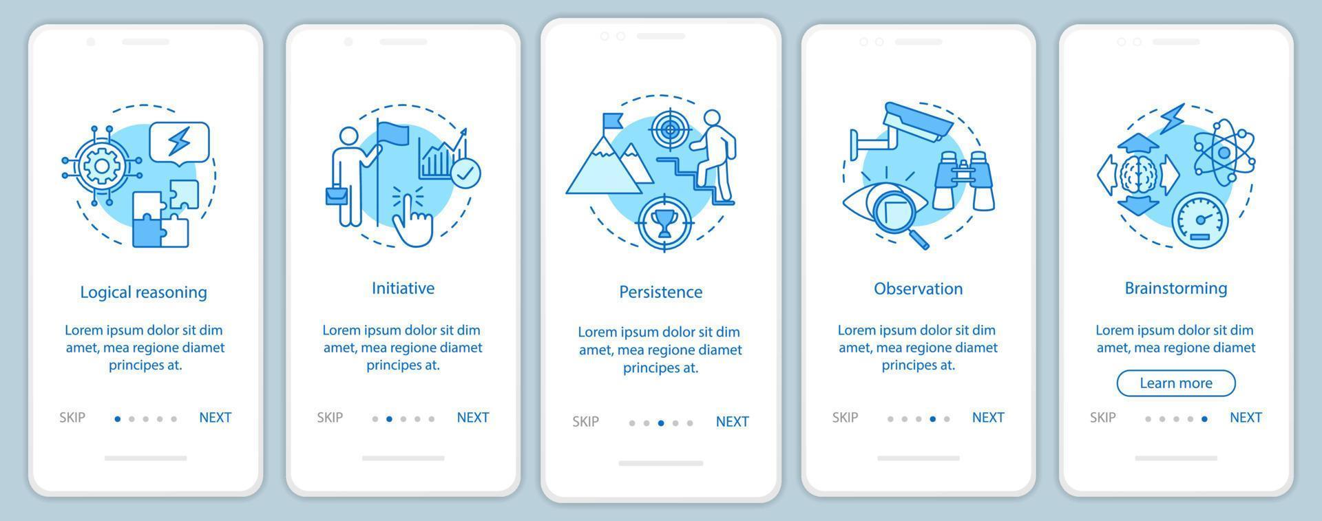 modello di vettore della schermata della pagina dell'app mobile di onboarding di pensiero analitico. hr soft skills passaggi del sito Web. osservazione, iniziativa, brainstorming. ux, ui, concetto di interfaccia per smartphone gui