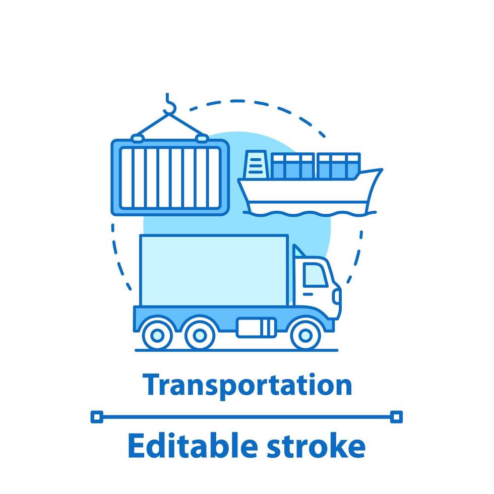 icona del concetto di trasporto. illustrazione della linea sottile di idea di trasporto merci. logistica e distribuzione. servizio di consegna. spedizione via terra e via acqua. disegno vettoriale isolato profilo. tratto modificabile