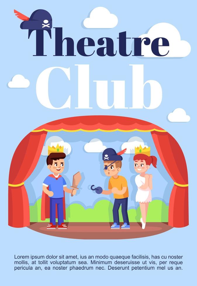 modello di brochure del club teatrale. volantino, opuscolo, concetto di volantino con illustrazioni piatte. layout del fumetto della pagina vettoriale per la rivista. lezioni di teatro per bambini inviti pubblicitari con spazio di testo