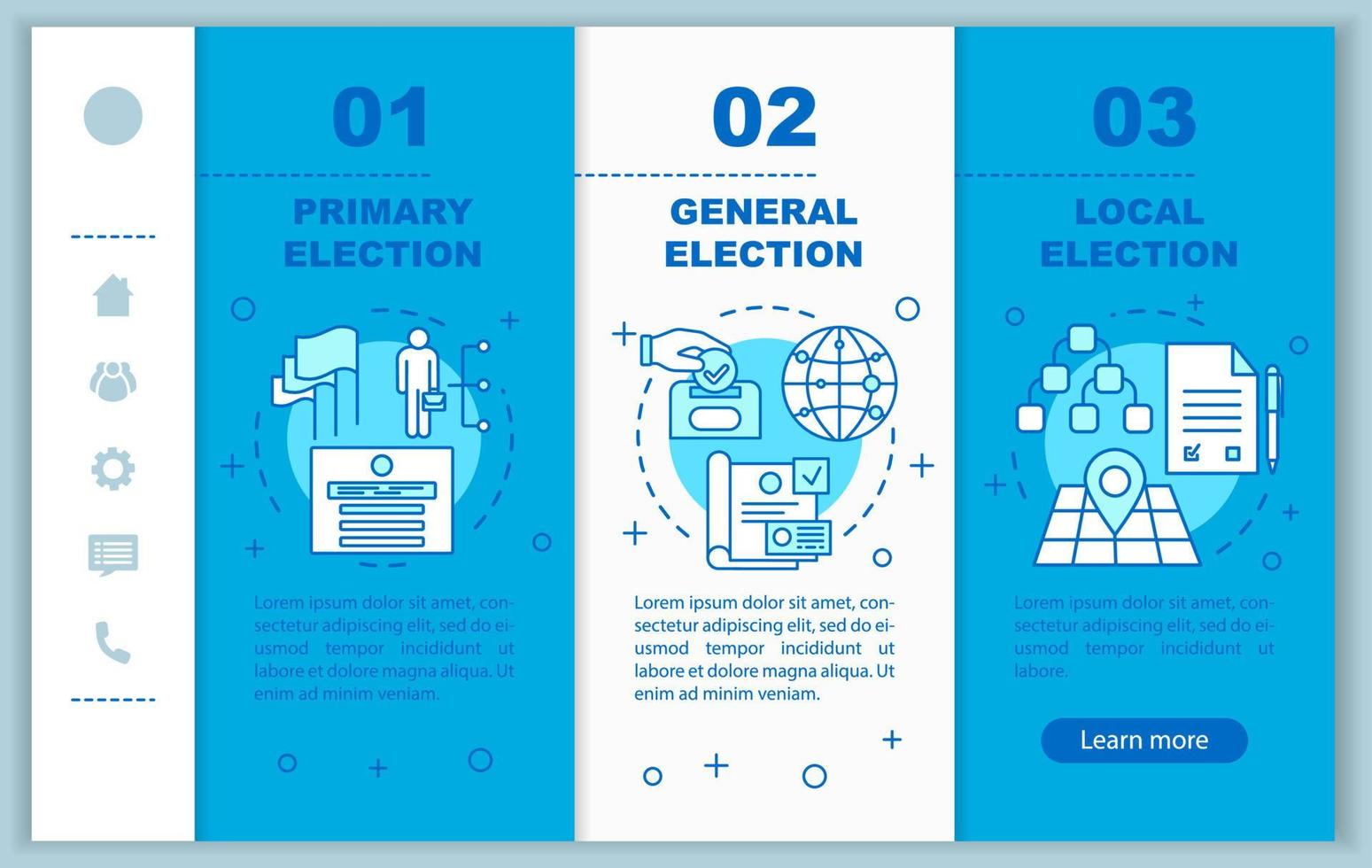 modello di vettore di pagine Web mobili onboarding del giorno delle elezioni. figure politiche.idea dell'interfaccia del sito Web per smartphone reattiva con illustrazioni lineari. schermate dei passaggi della procedura dettagliata della pagina Web. concetto di colore