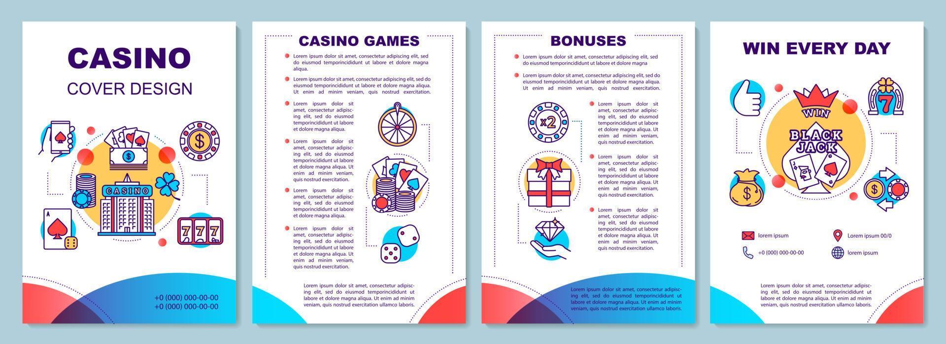 layout del modello di brochure del casinò. gioco d'azzardo. giochi di carte, slot, scommesse. volantino, opuscolo, stampa di volantini con icone lineari. layout di pagine vettoriali per riviste, relazioni annuali, manifesti pubblicitari