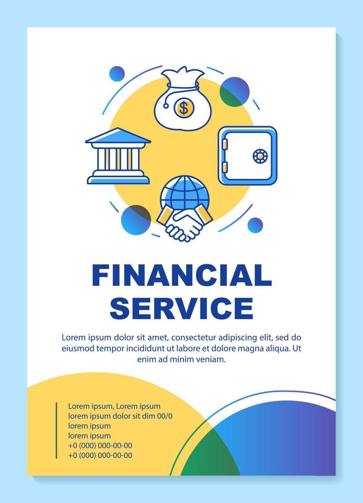 layout del modello di poster di servizi finanziari. contabilità, settore bancario. banner, opuscolo, stampa di volantini con icone lineari. layout di pagina brochure vettoriali per riviste, volantini pubblicitari