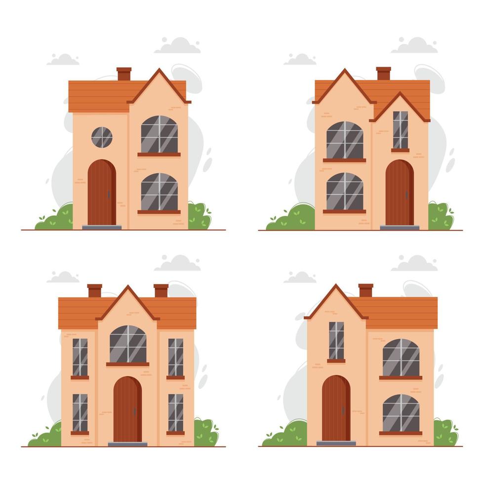 insieme di casa familiare a due piani suburbana o di campagna con grandi finestre e camino. concetto di villa moderna, cottage o casa a schiera. facciata della casa e illustrazione vettoriale esterno.