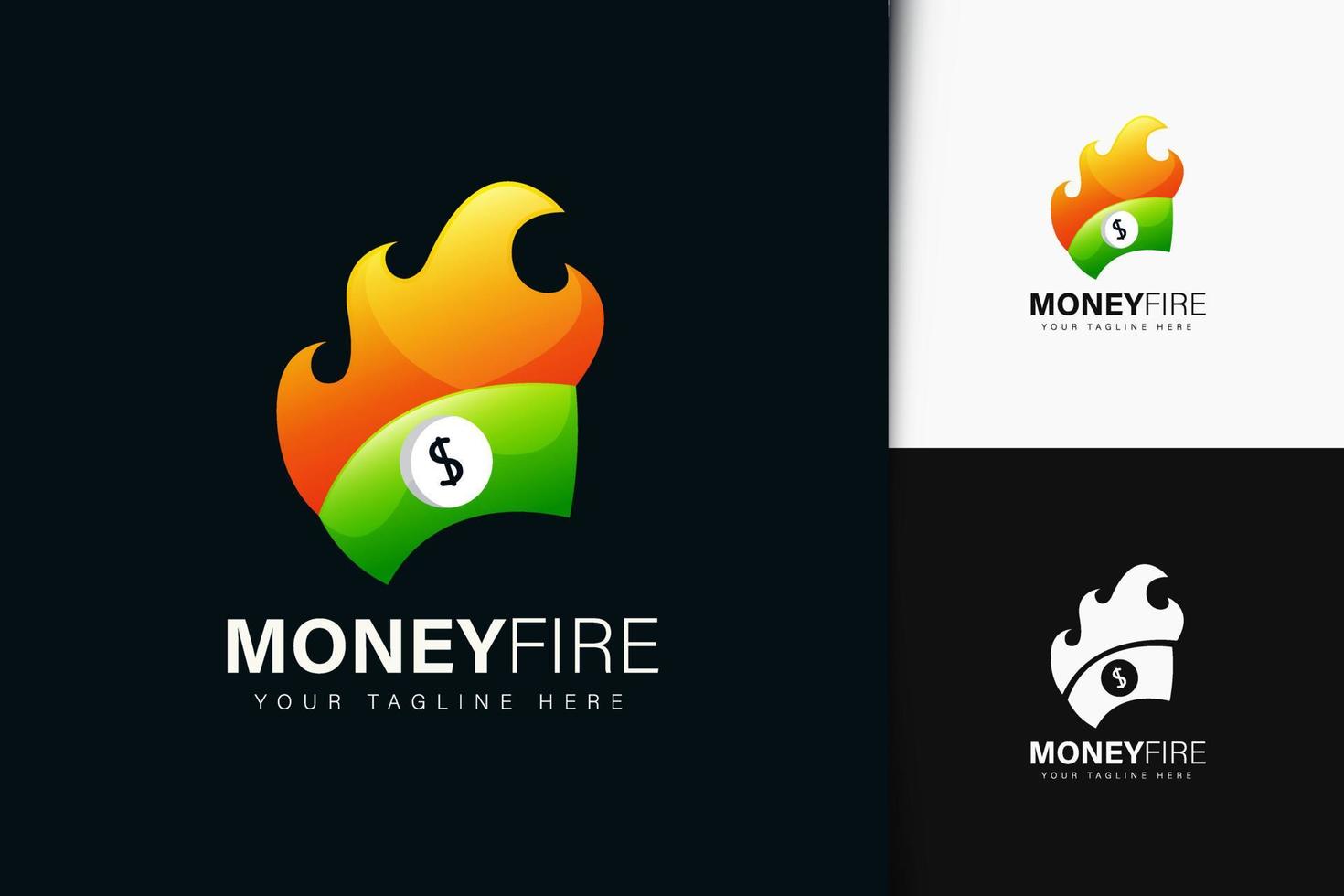 design del logo del fuoco dei soldi con gradiente vettore