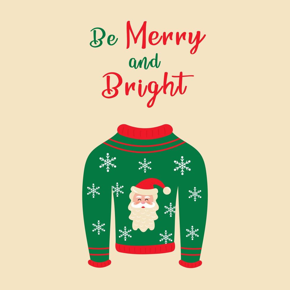 sii un testo allegro e luminoso e un maglione lavorato a maglia con babbo natale e fiocchi di neve. vettore